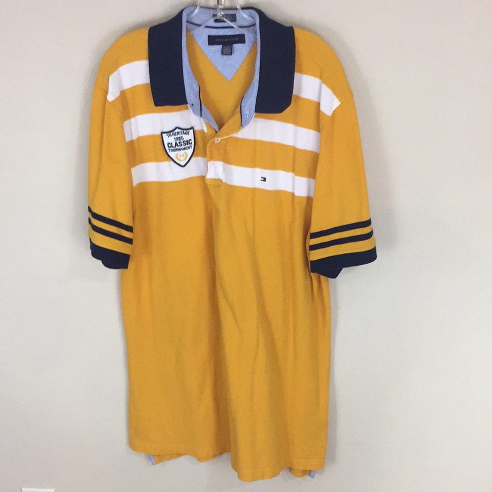 Tommy Hilfiger Gold Polo Shirt TH Heritage Patch Stripes Size XXL